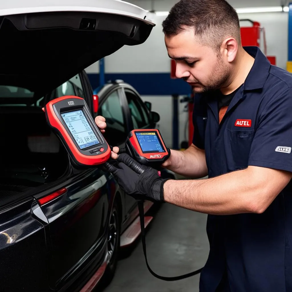 Autel scanner tool in a garage