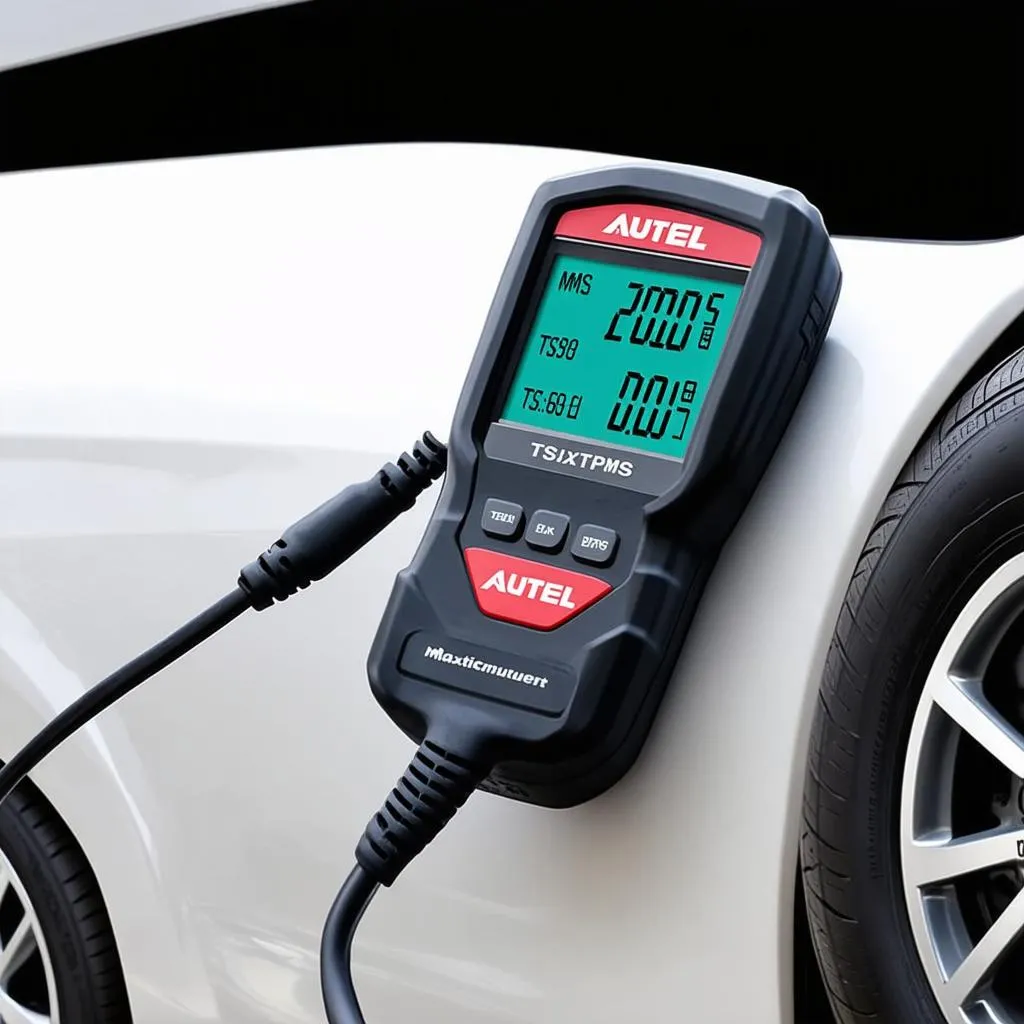 Autel scanner connected to a car's OBD-II port and displaying TPMS information