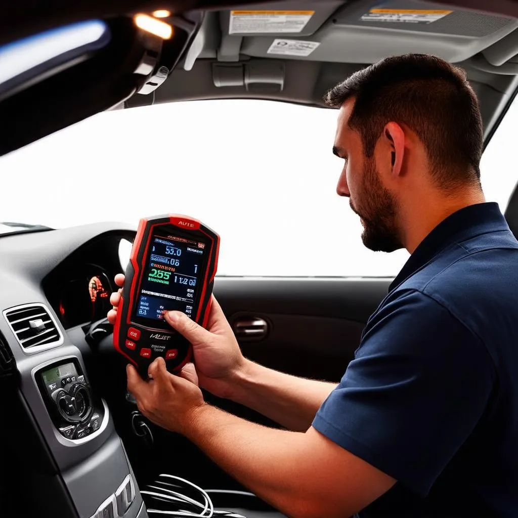 Mechanic using Autel scanner to diagnose car