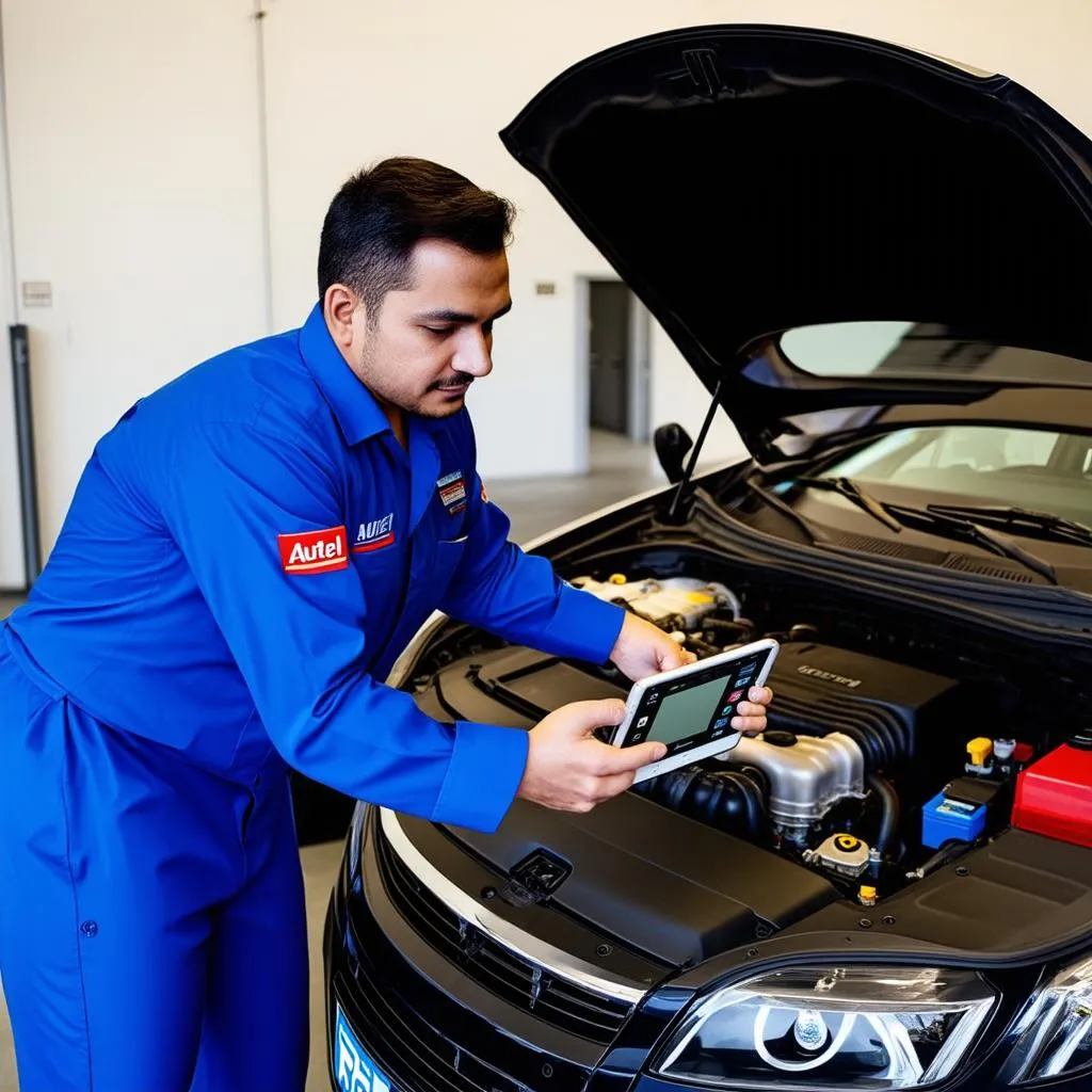 An Autel specialist working on a car's electrical system