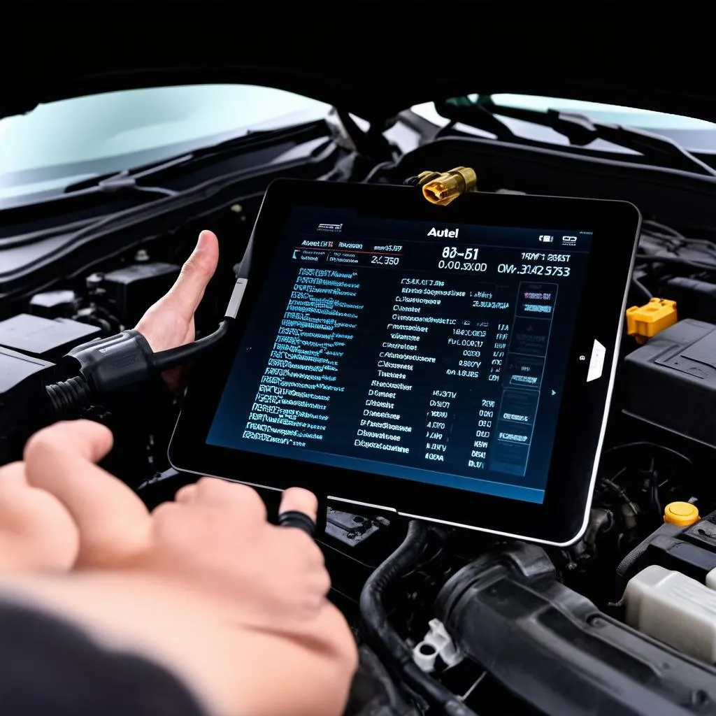 Autel tablet connected to a car engine 