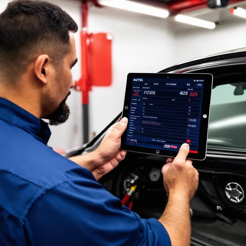 Autel tablet being used by a mechanic