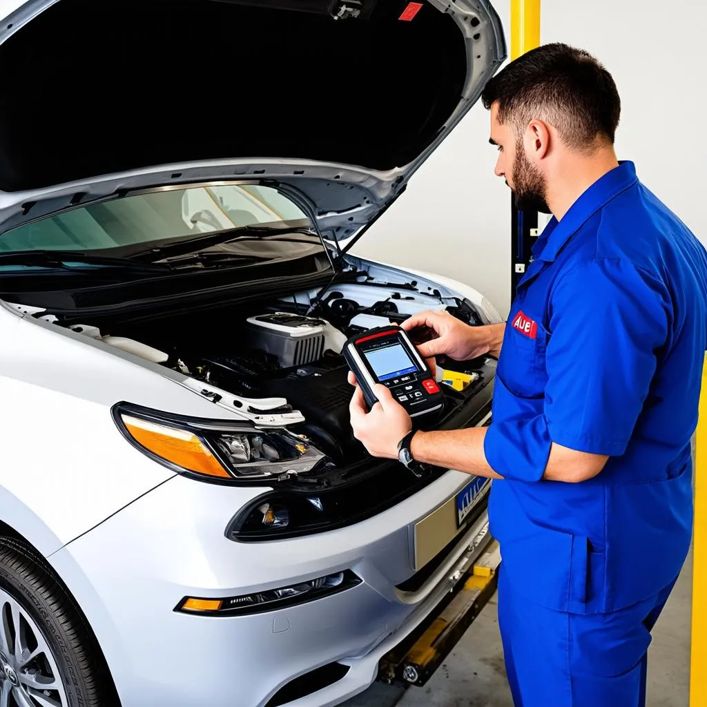 An Autel technician is working on a car's electrical system using the Autel ML629 scanner