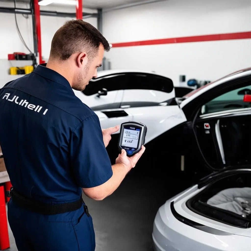 Mechanic using Autel Scanner on a Tesla