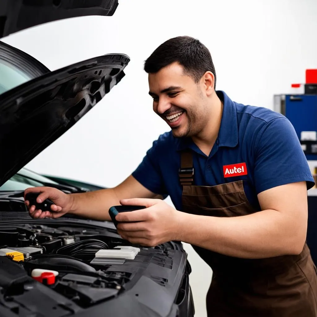 Mechanic using Autel scanner with peace of mind