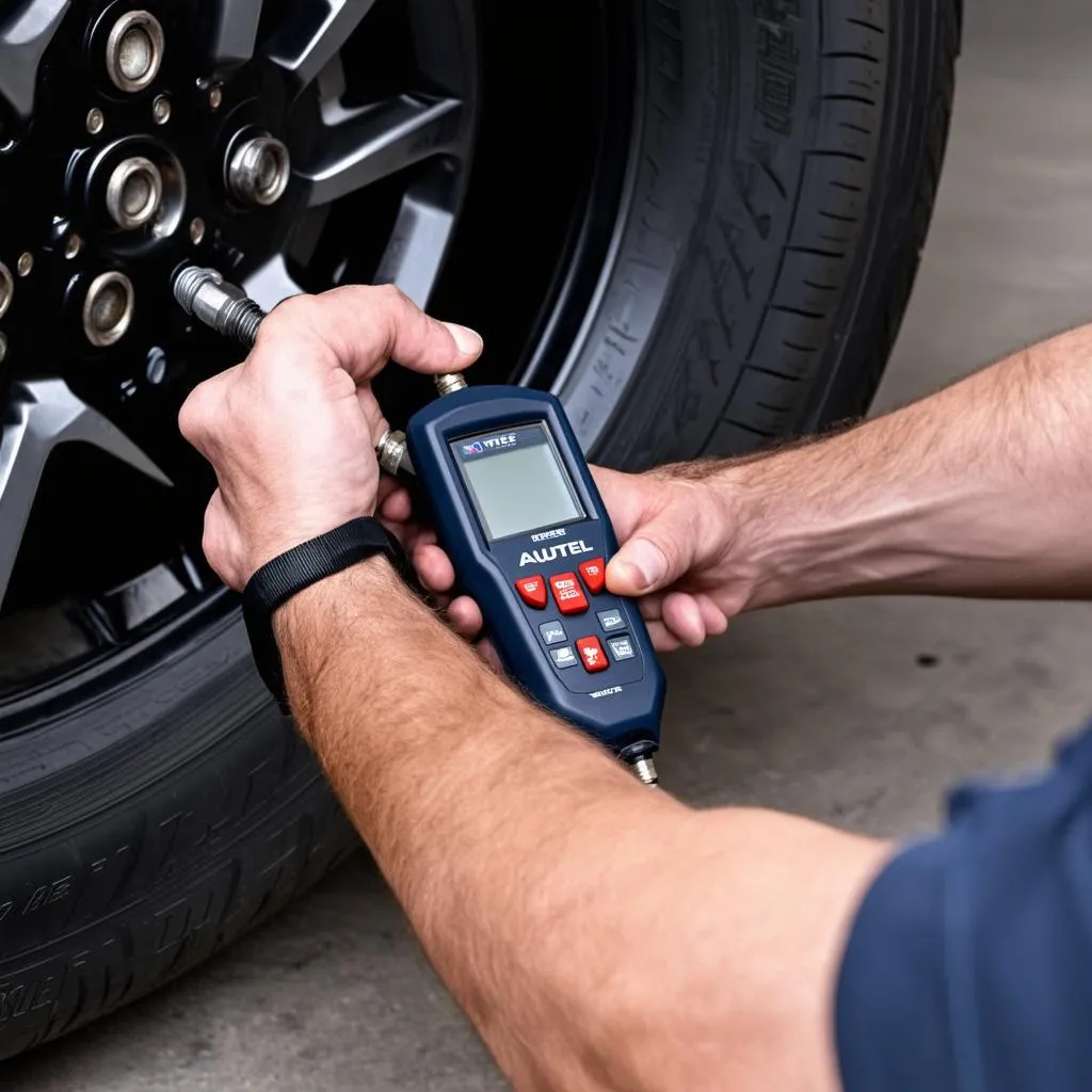 Mechanic using Autel TPMS tool