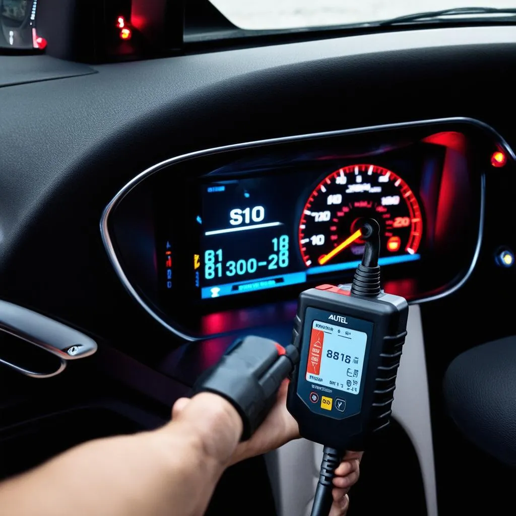 Autel TS401 MX connected to a car's OBD-II port