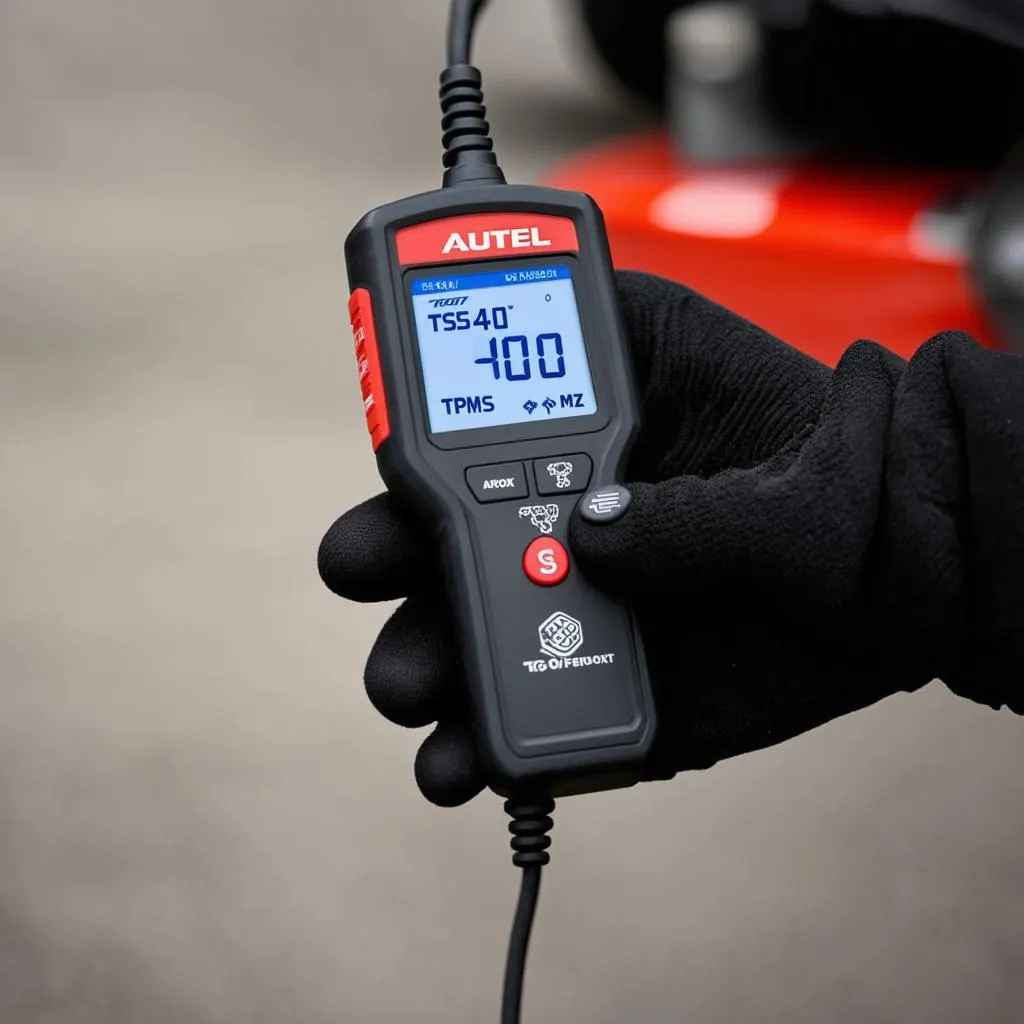 Autel TS401 MX being held in a mechanic's hand