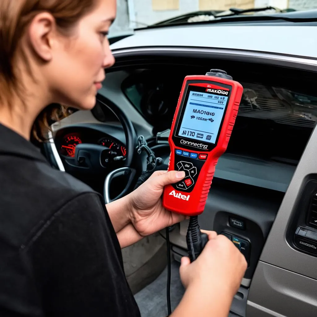 Woman using Autel TS401 scanner on a car