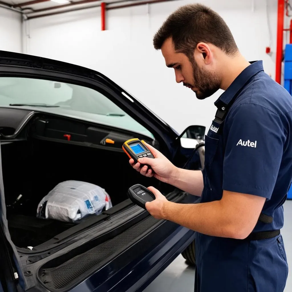 A mechanic using Autel TS401 to diagnose a car