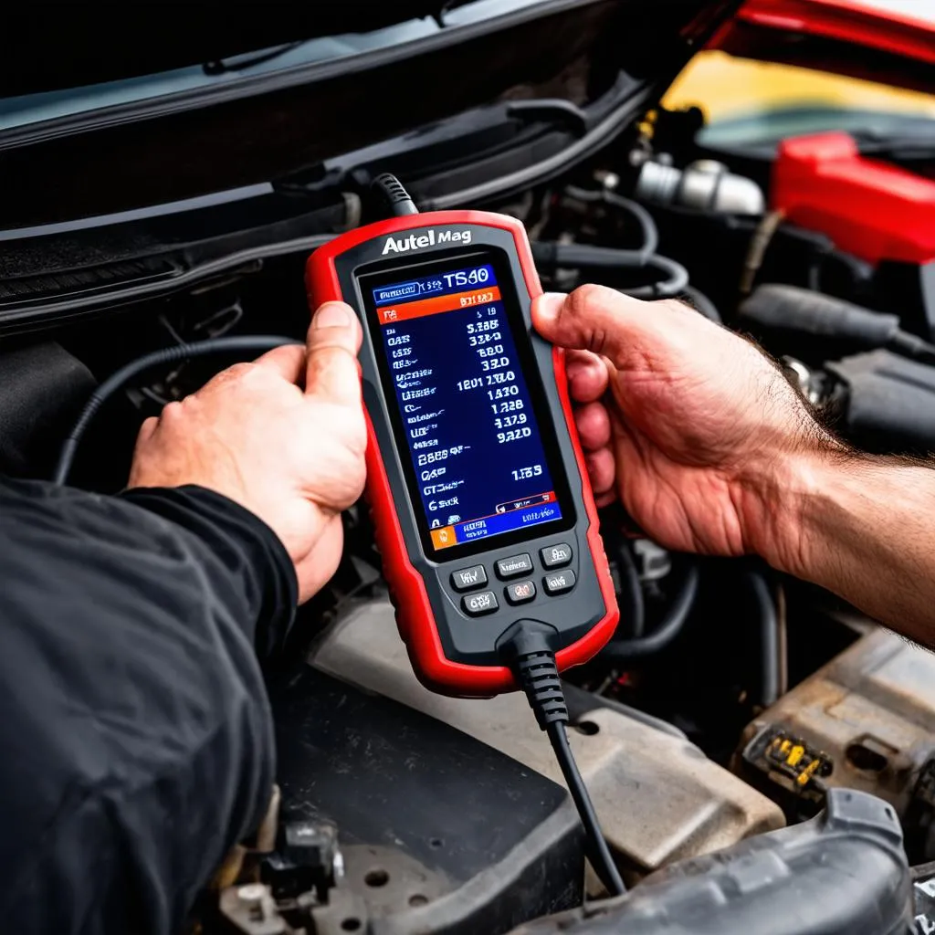 Mechanic using Autel TS408