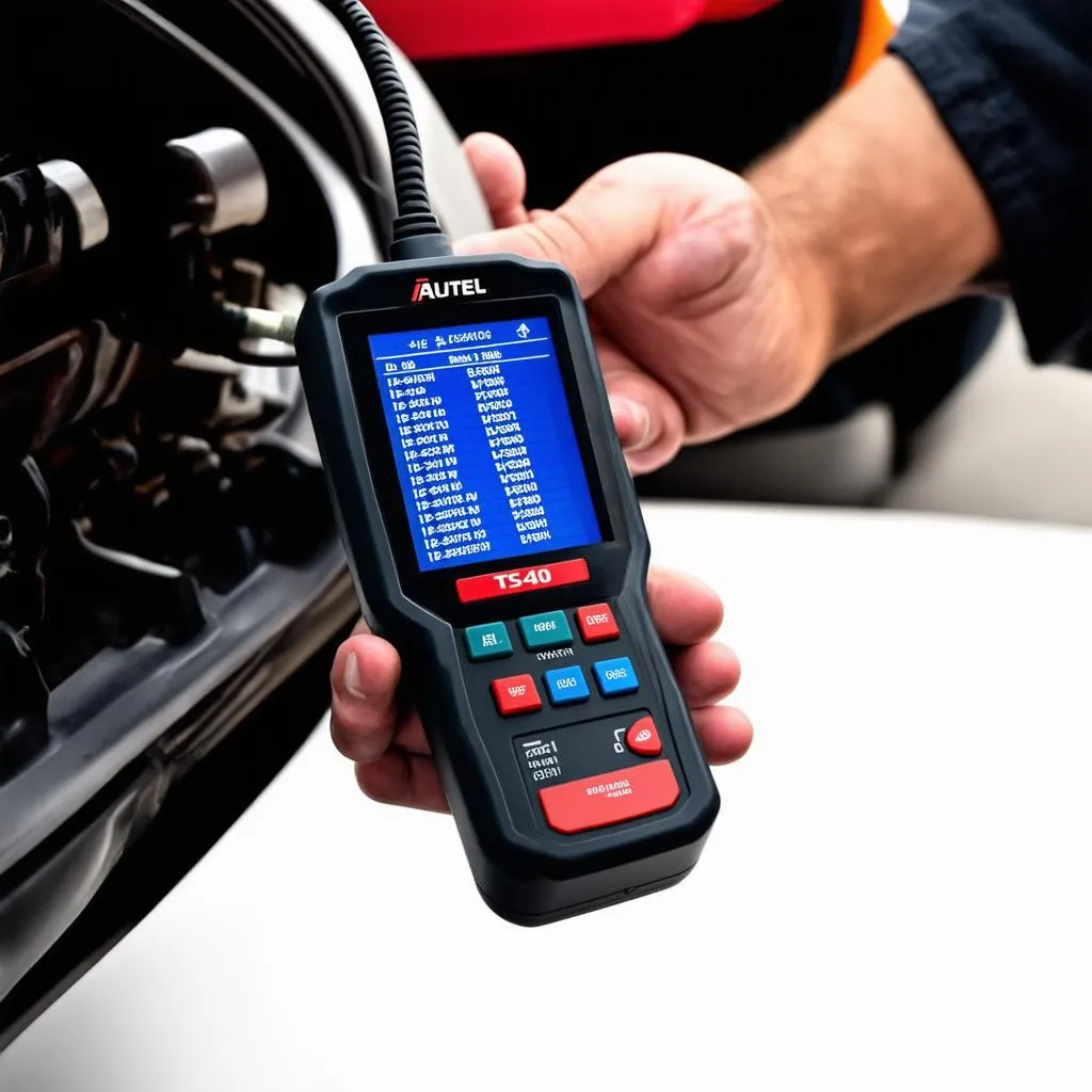 Autel TS408 diagnostic tool being used to read error codes on a European car