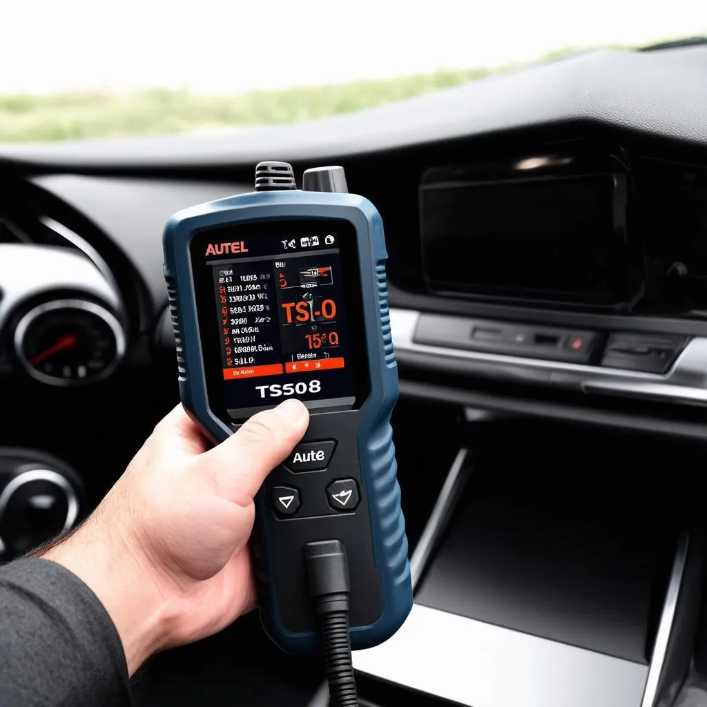 Autel TS508 plugged into a car's OBD2 port