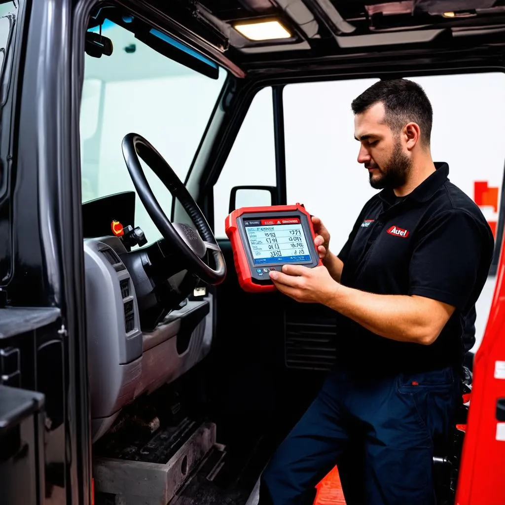 Mechanic diagnosing a truck with Autel TS508