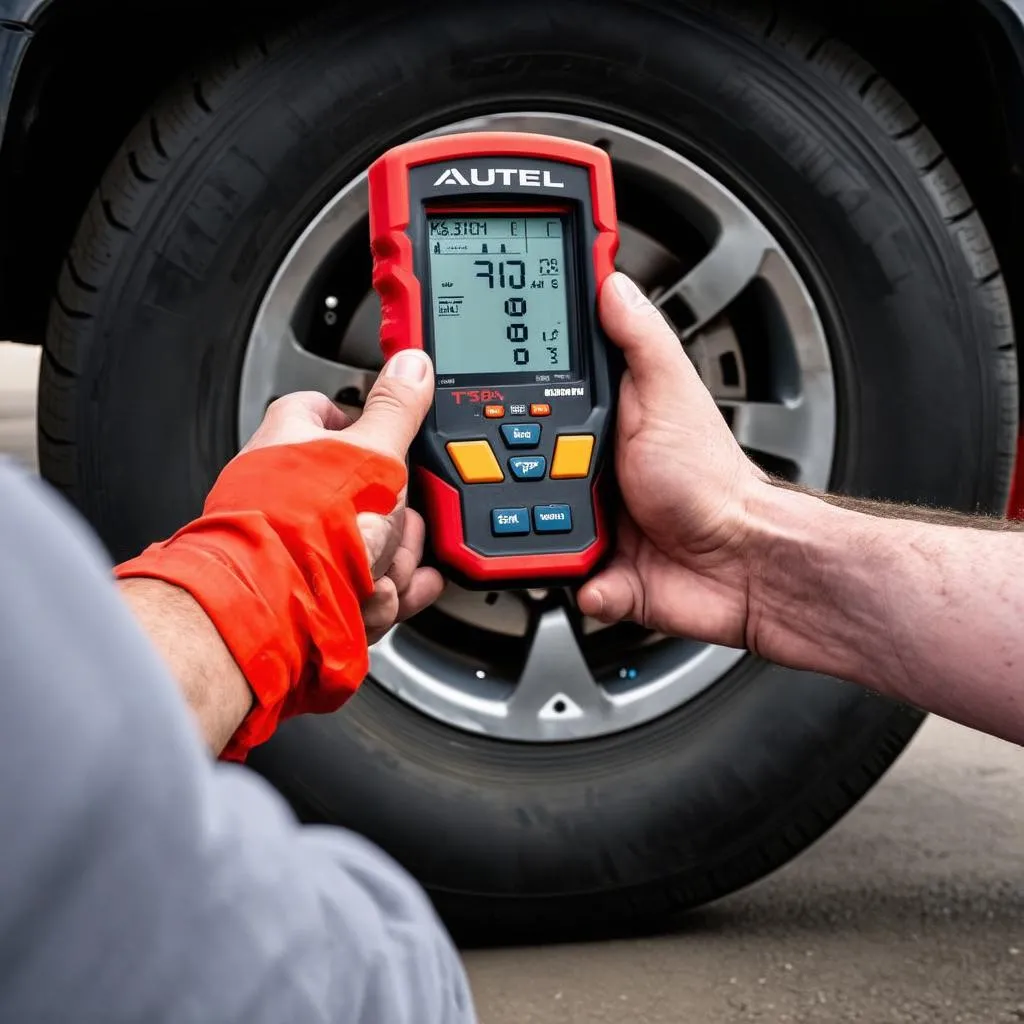 Mechanic checking TPMS with Autel TS508