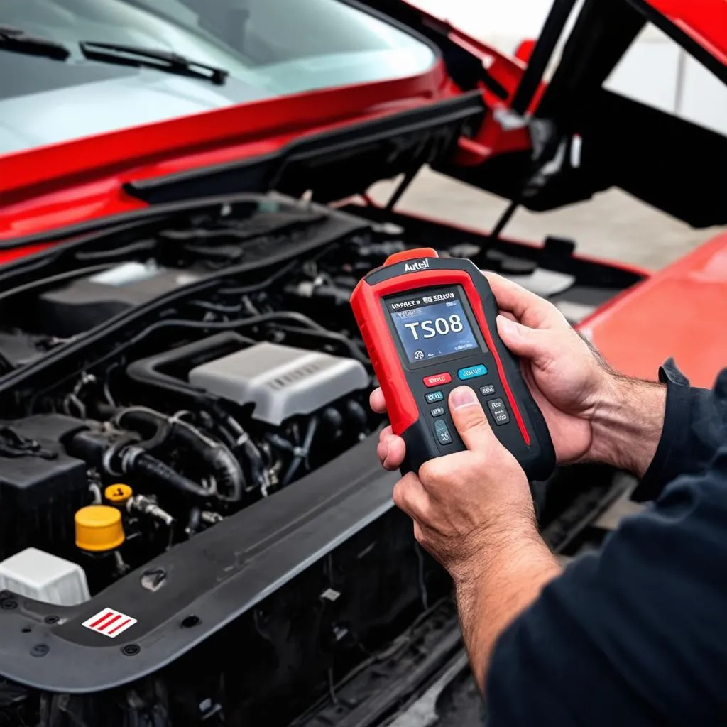 Mechanic using Autel TS508 scanner