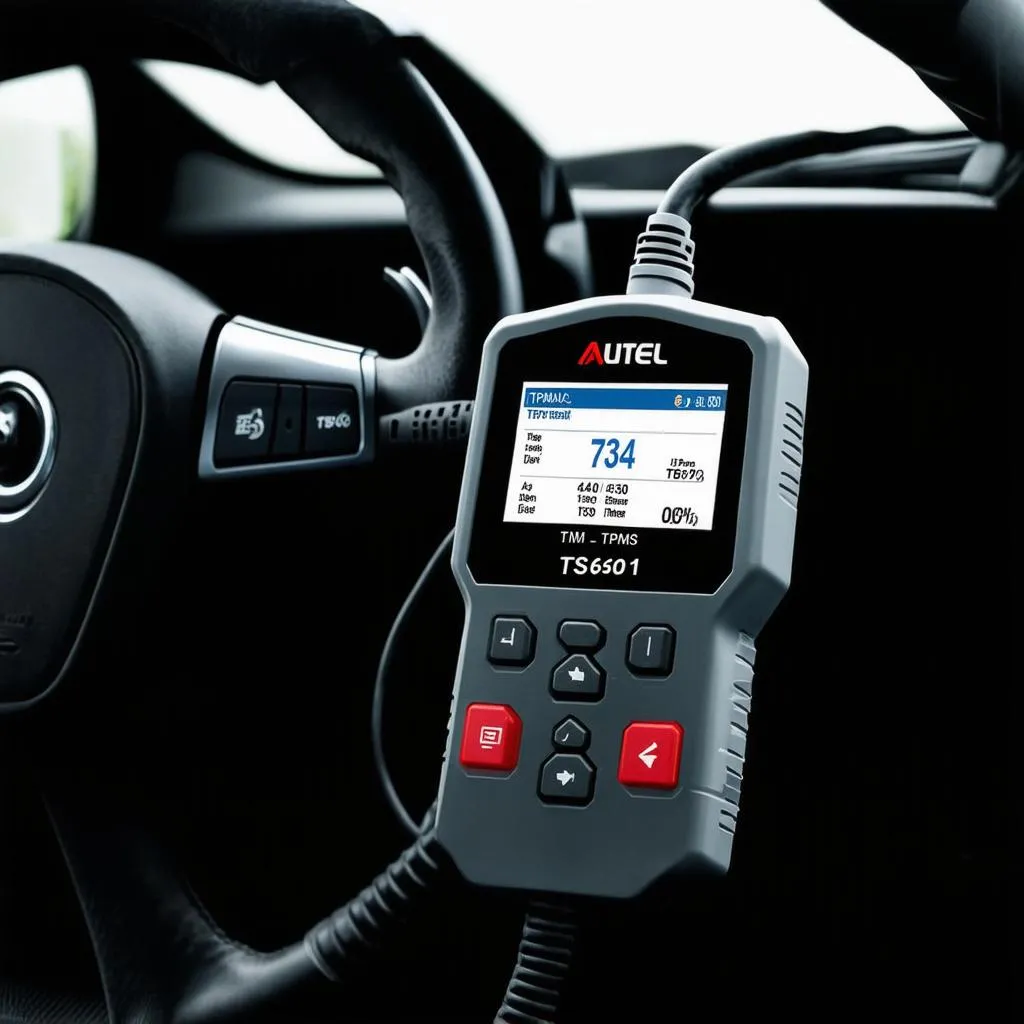 Autel TS601 connected to a car's OBD port