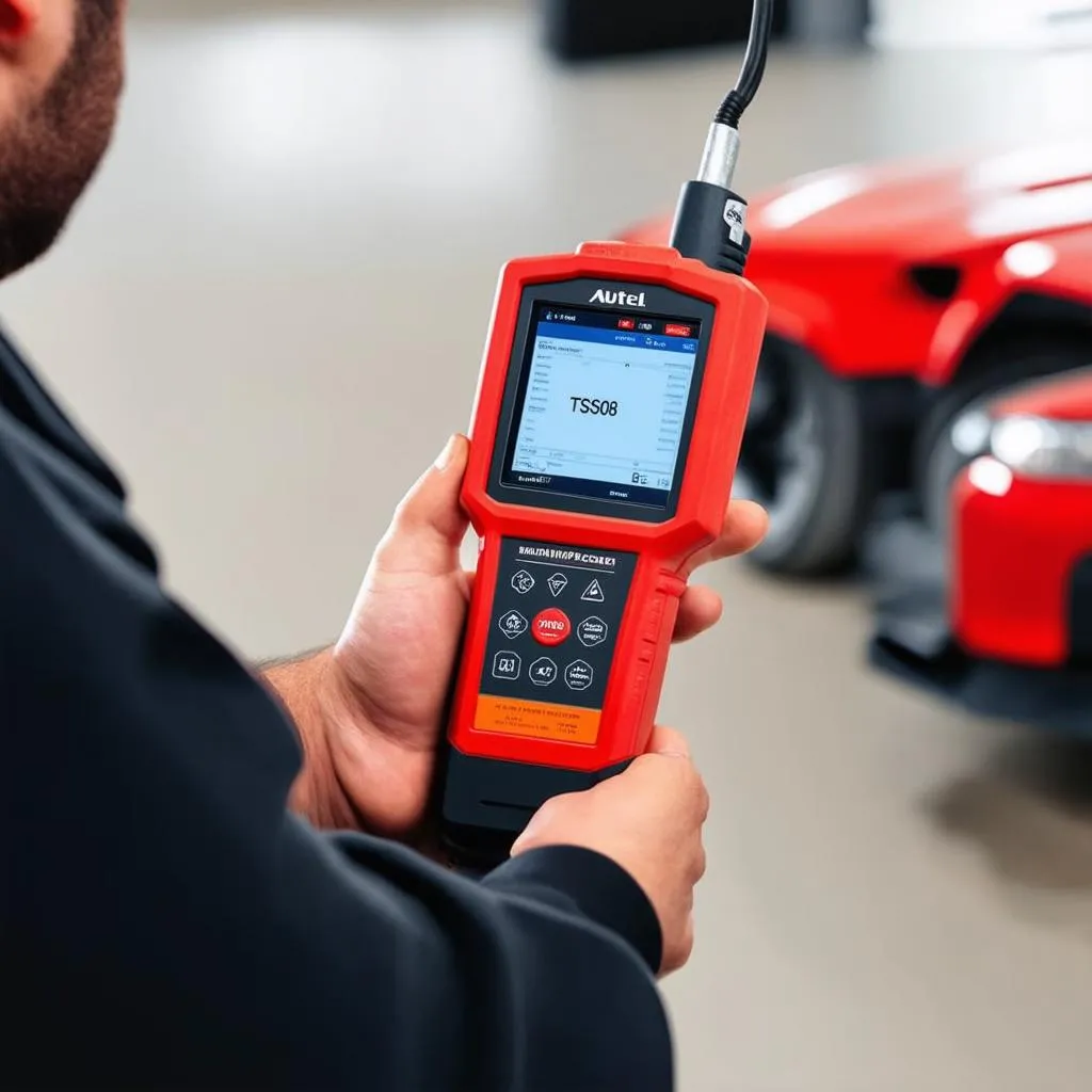 Autel TS608 held in a mechanic's hand