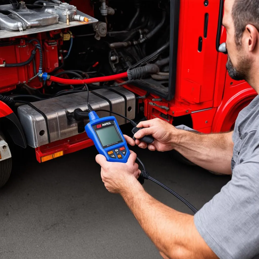 Autel TS608 connected to a truck's diagnostic port