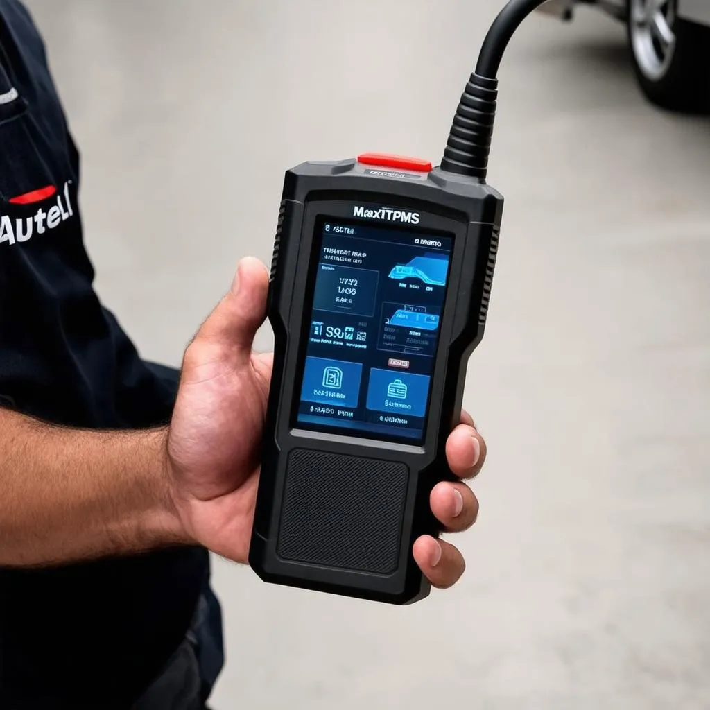 Mechanic holding the Autel MaxiTPMS TS908 Pro