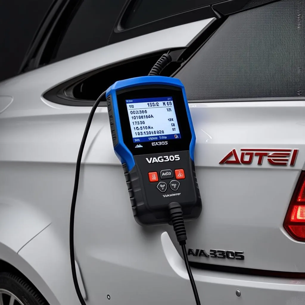 Autel VAG305 scanner connected to a car's OBD-II port