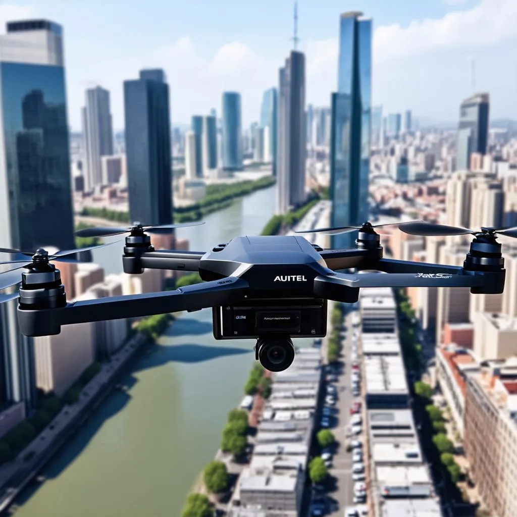 Autel X-Star camera mounted on a drone, capturing aerial footage of a cityscape.