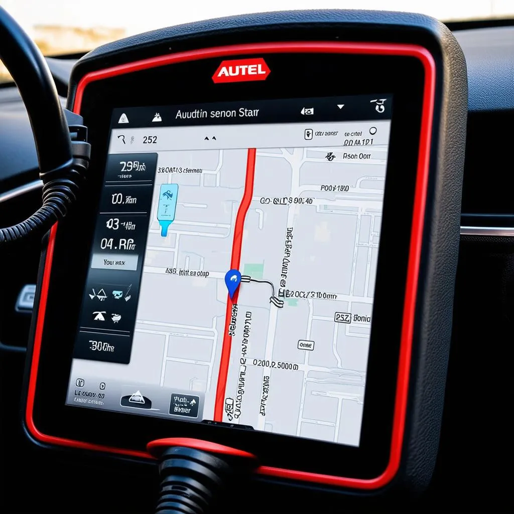 Autel X-Star device displaying geo-mapping data on a car's diagnostics