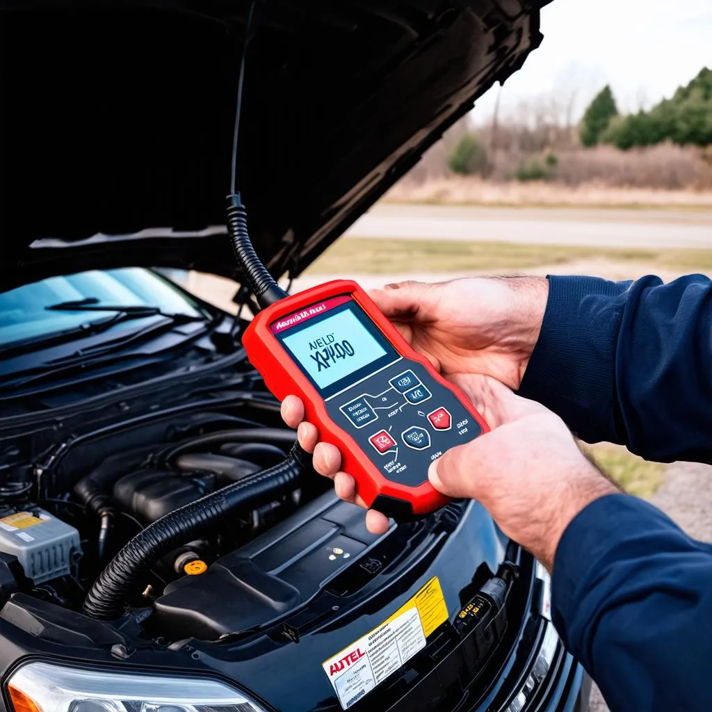 Mechanic using the Autel XP400 Pro on a car's engine