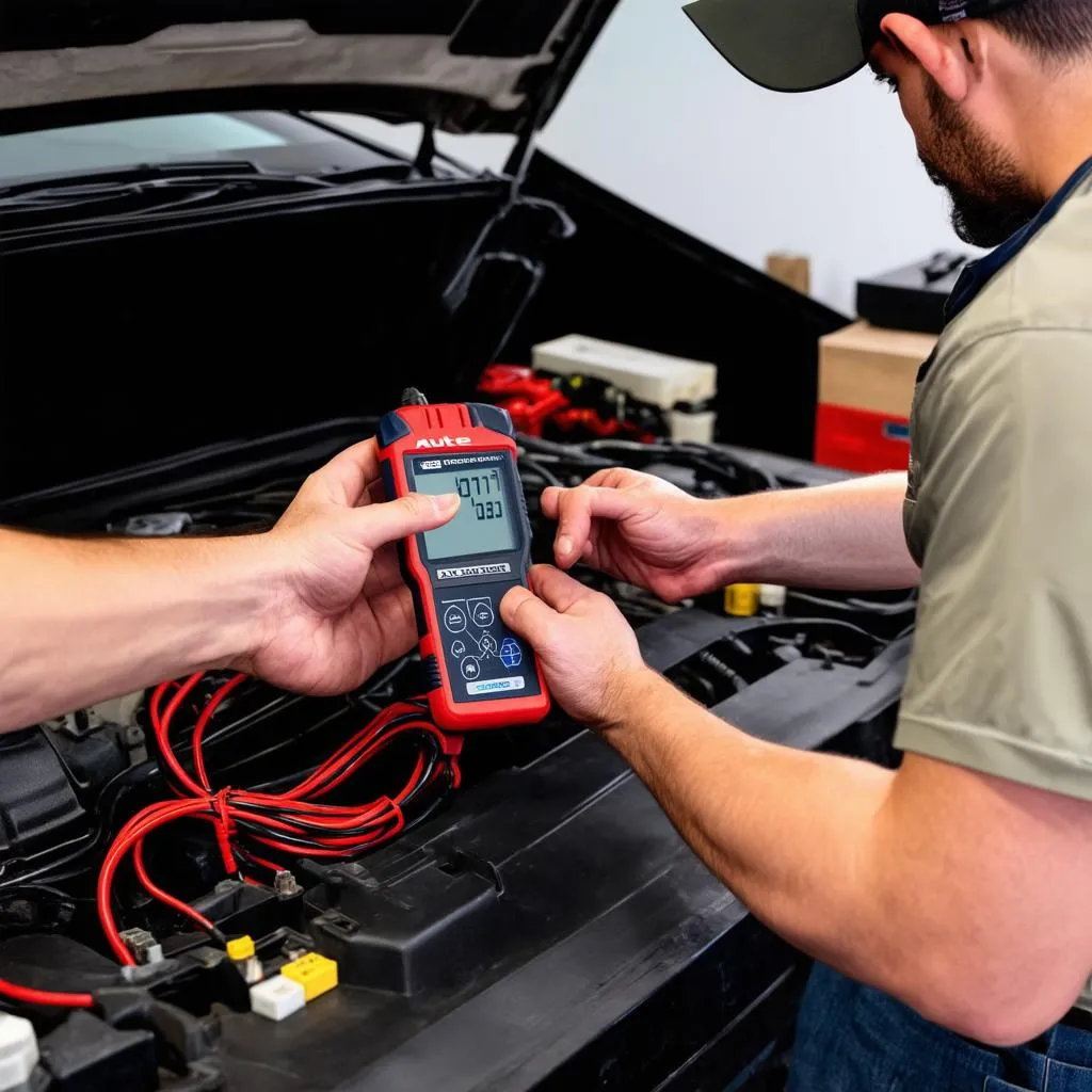 Mechanic using Autel X-Star Premium Wiring Harness