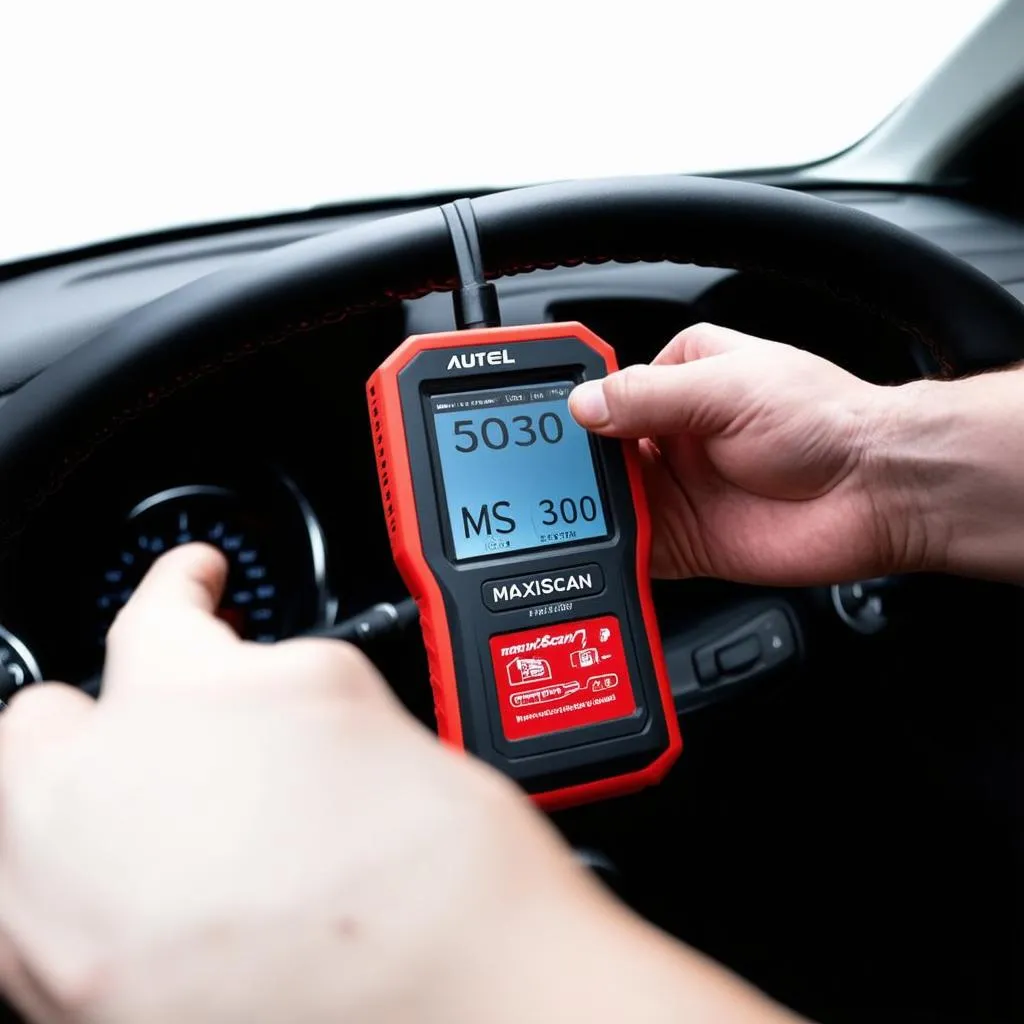 Autel MaxiScan MS300 Scan Tool being used on a car