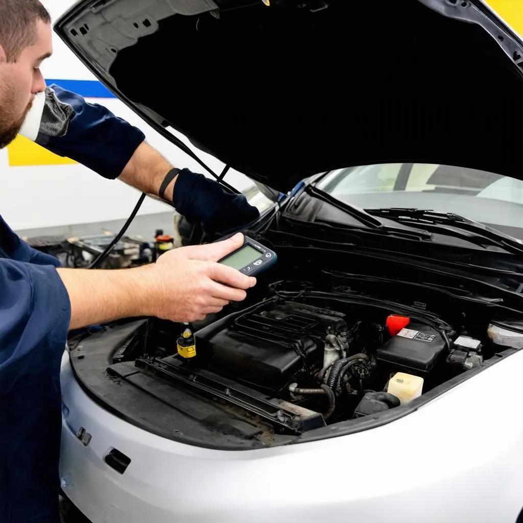 Car mechanic using a diagnostic scanner