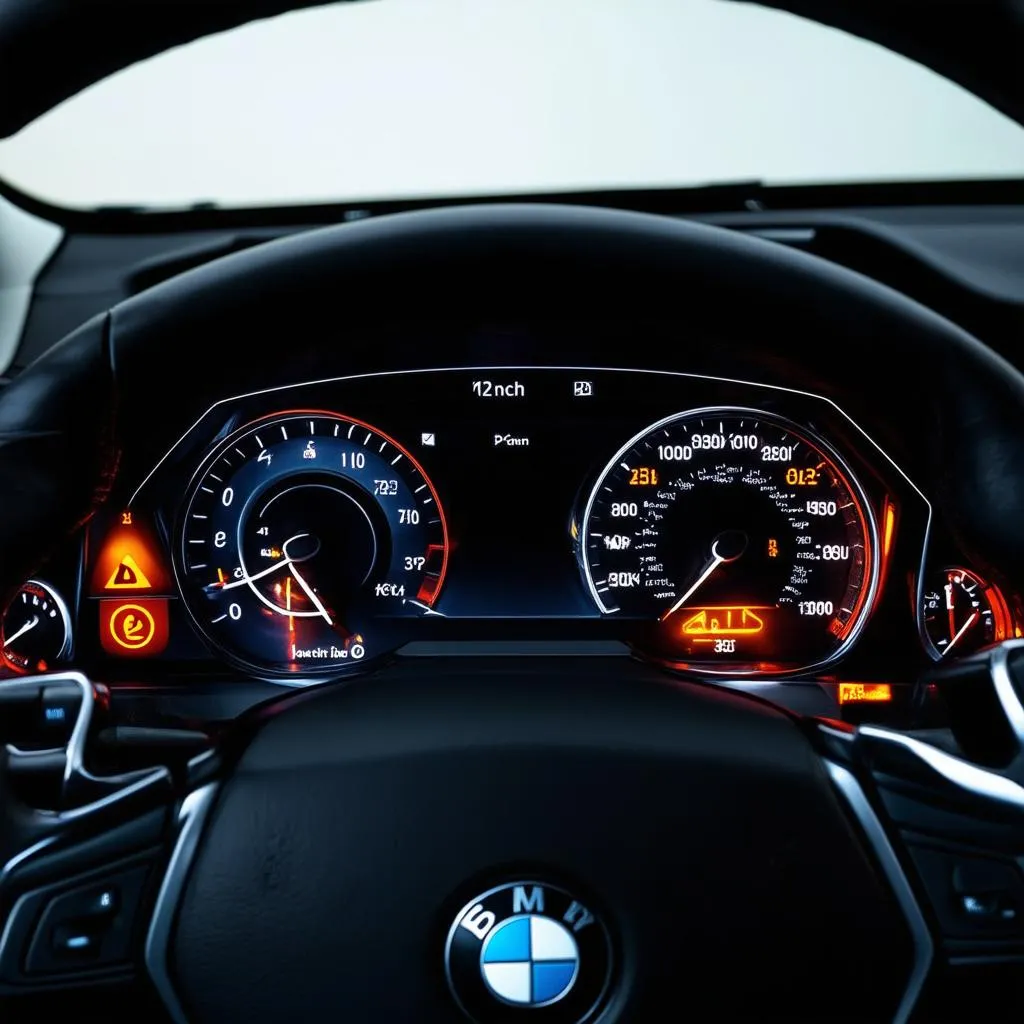 Close-up of a BMW dashboard with warning lights illuminated.