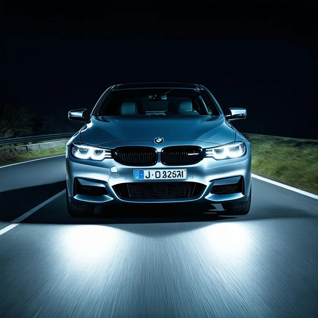 Bright LED headlights of a BMW illuminating a dark road