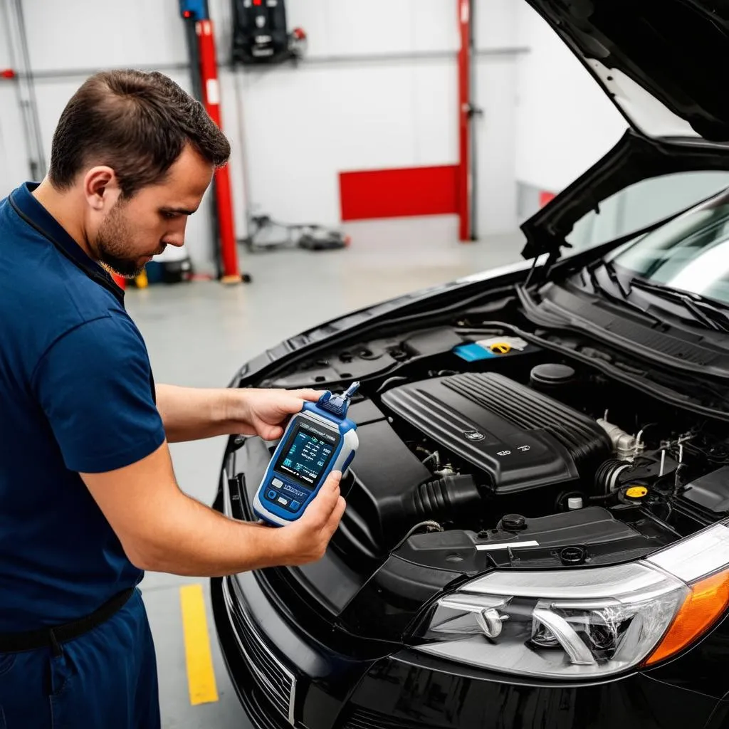 Mechanic using a diagnostic scanner on a car