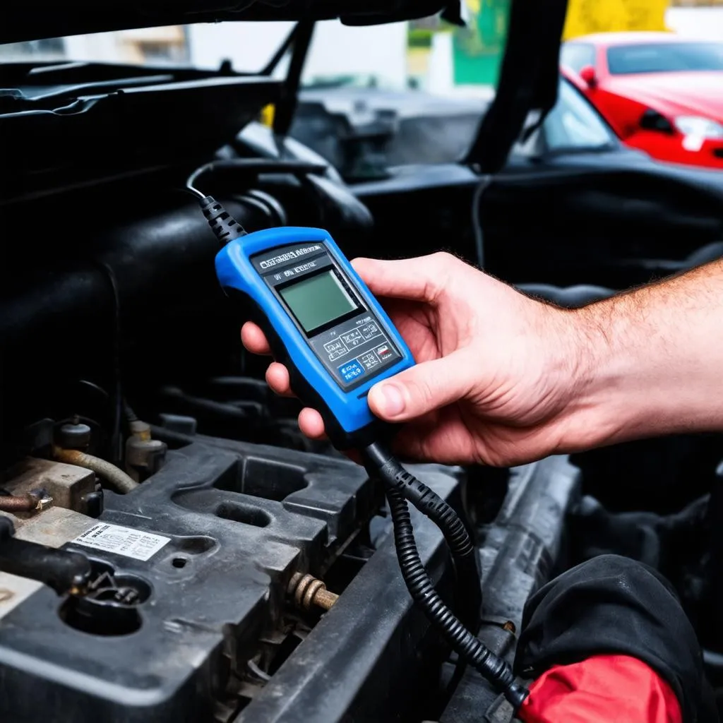 mechanic using a diagnostic tool on a car