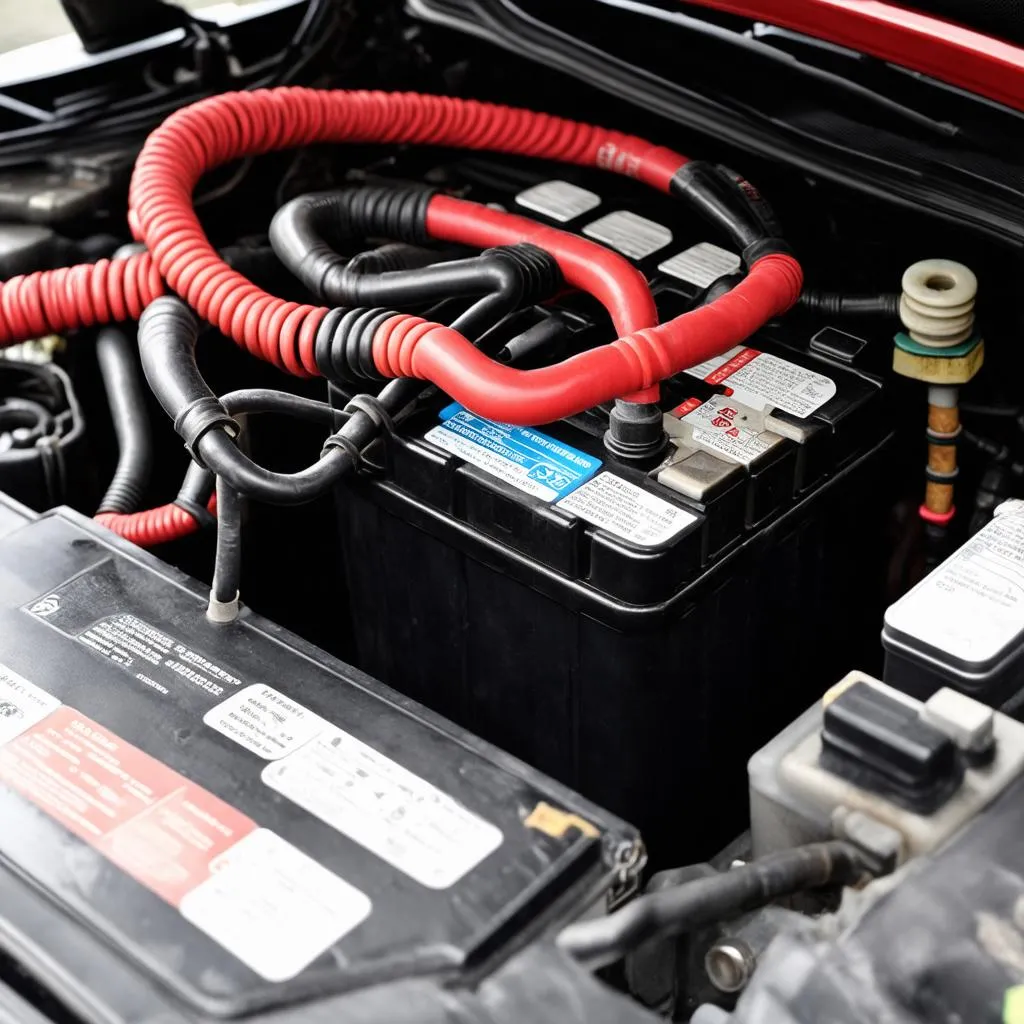 Close-up image of a car battery connected to the car's electrical system with the alternator visible.