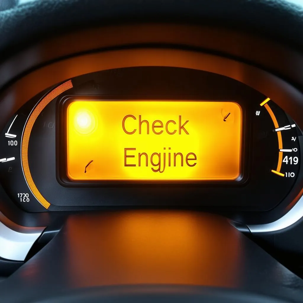 Car dashboard with glowing check engine light