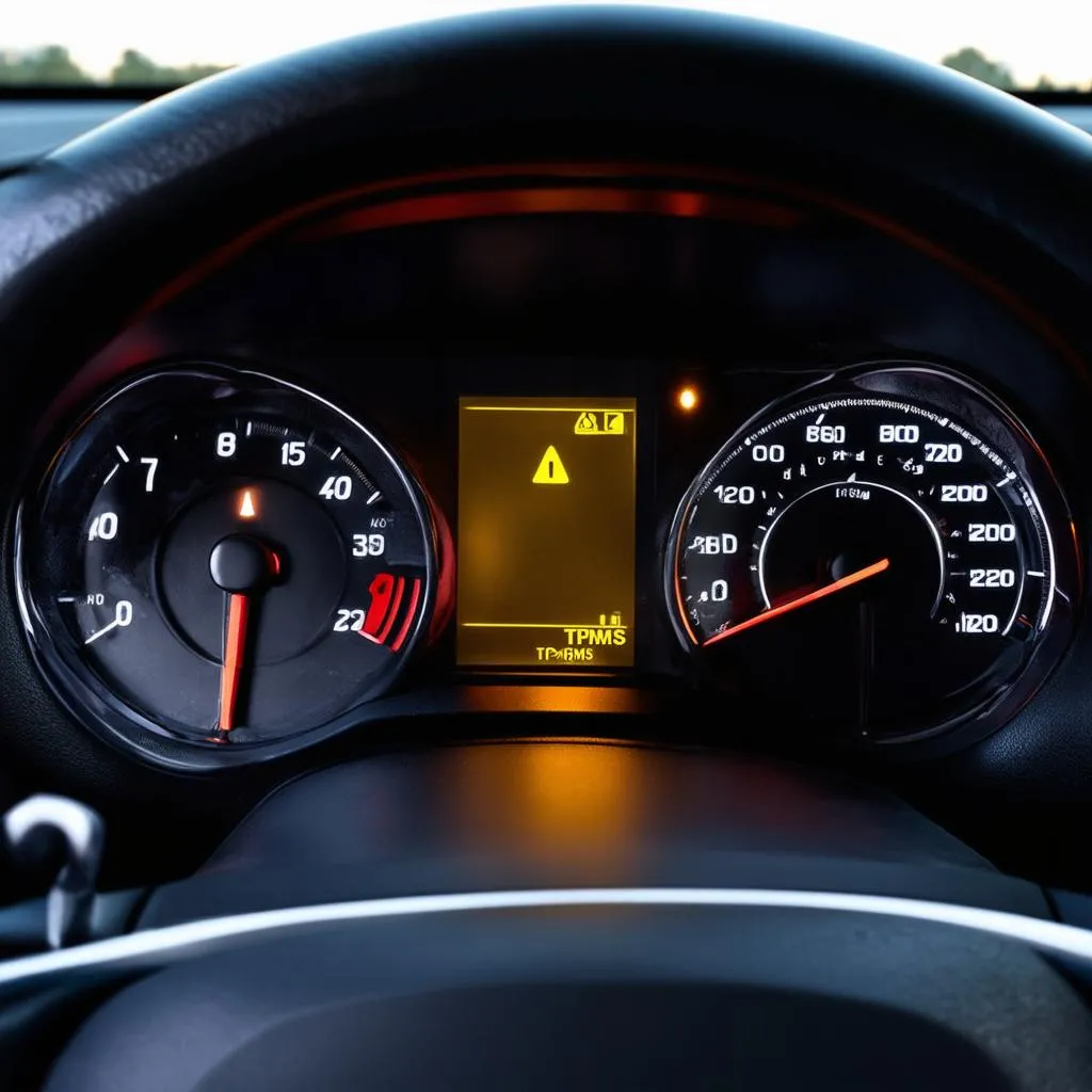 Car dashboard with TPMS warning light