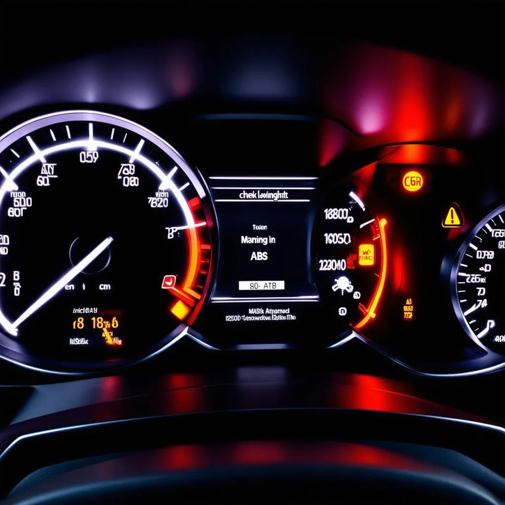 Car dashboard with warning lights illuminated