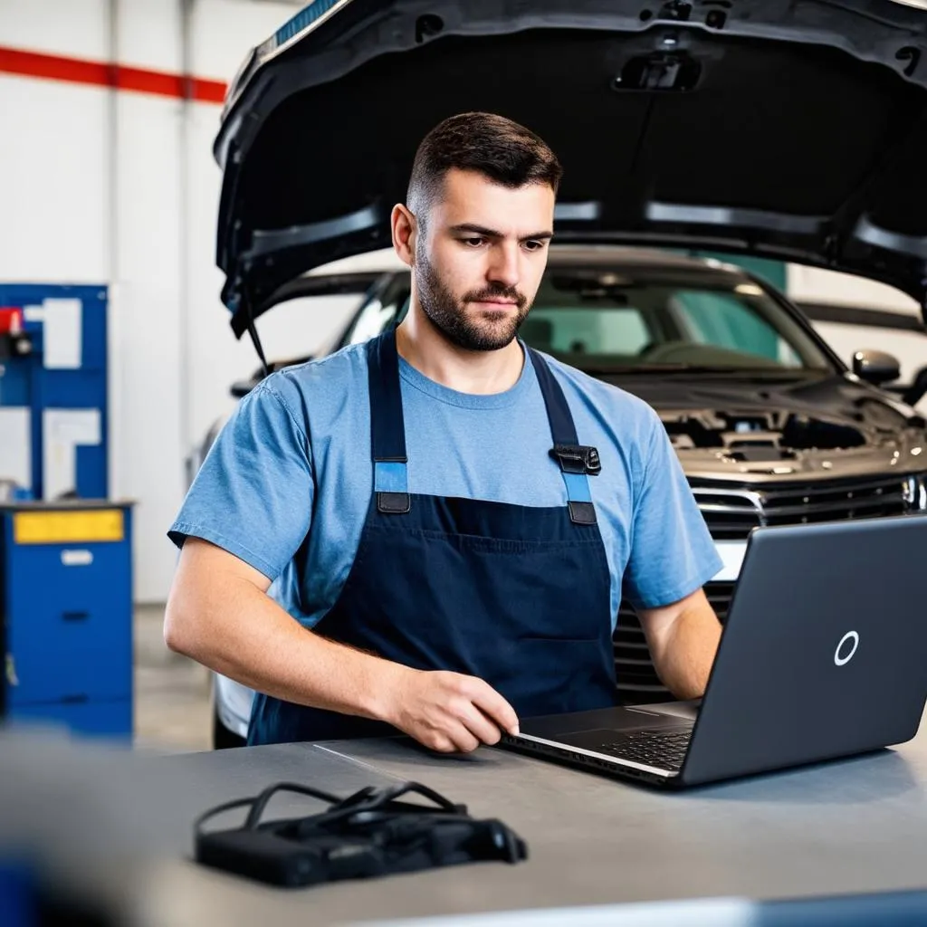 Car diagnostic expert working on laptop