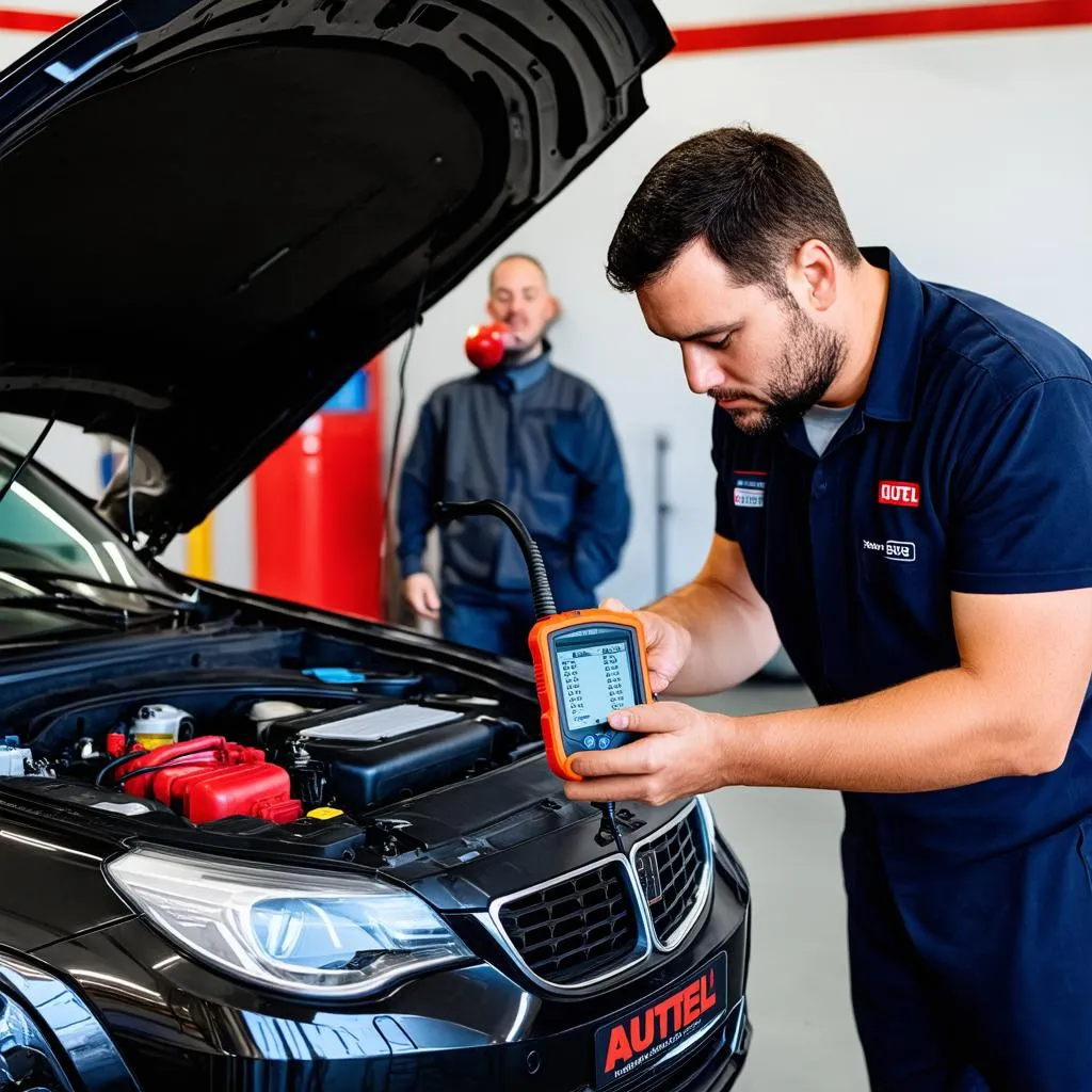 Mechanic using the Autel MK808 to diagnose a car