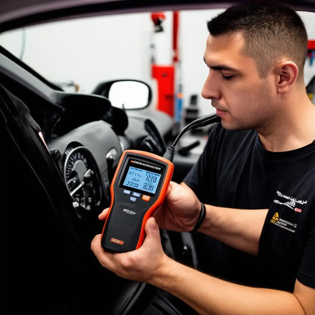 Mechanic using a diagnostic scanner on a car