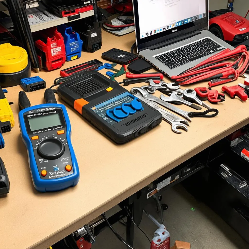 Various car diagnostic tools spread across a workbench