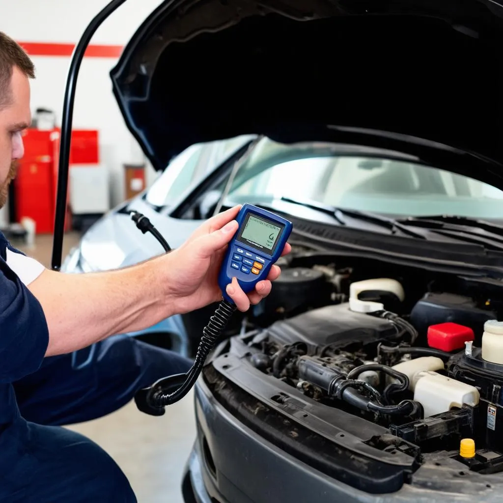 Mechanic using a car diagnostic tool