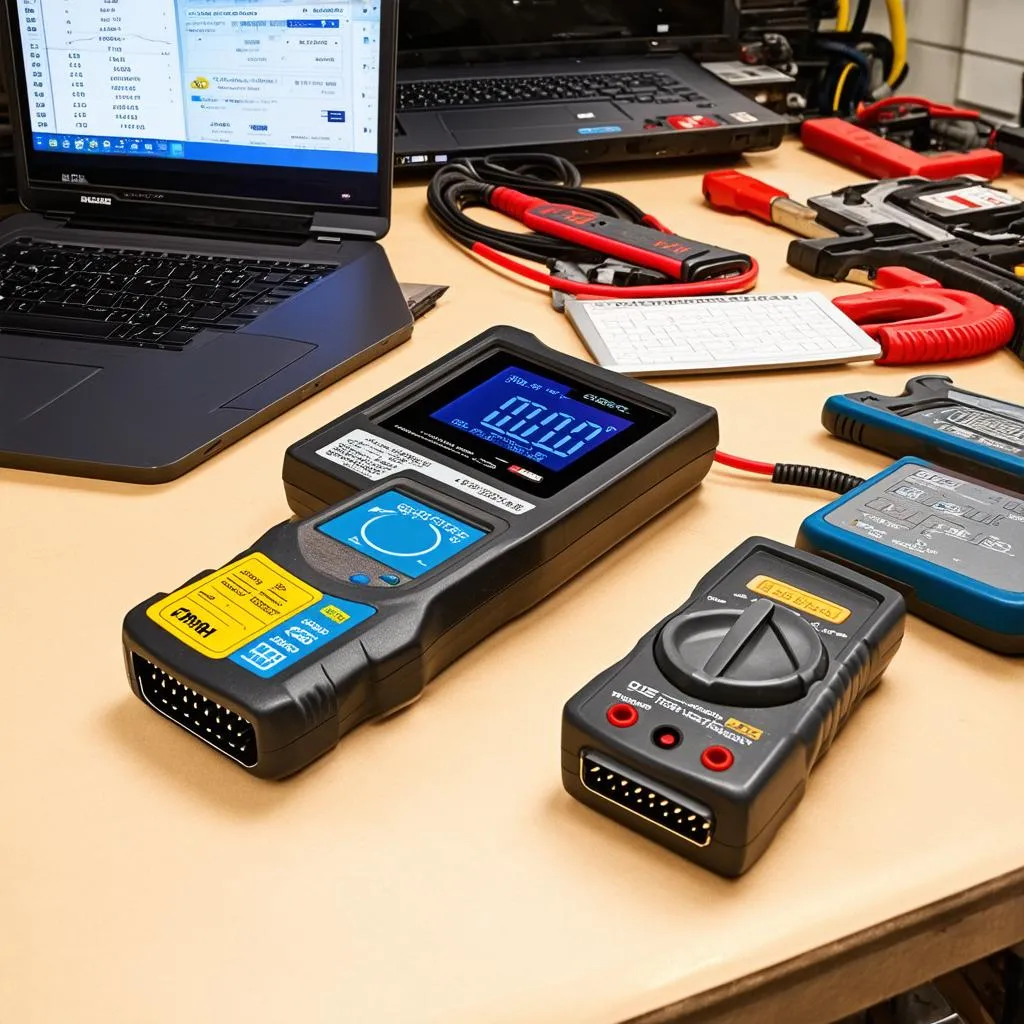 Assorted car diagnostic tools on a workbench