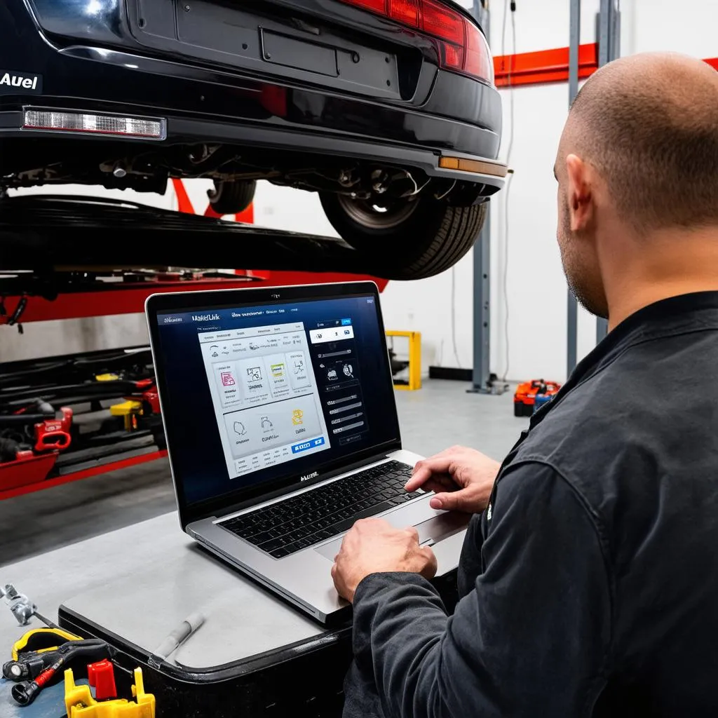 Mechanic using car diagnostic tools and a laptop