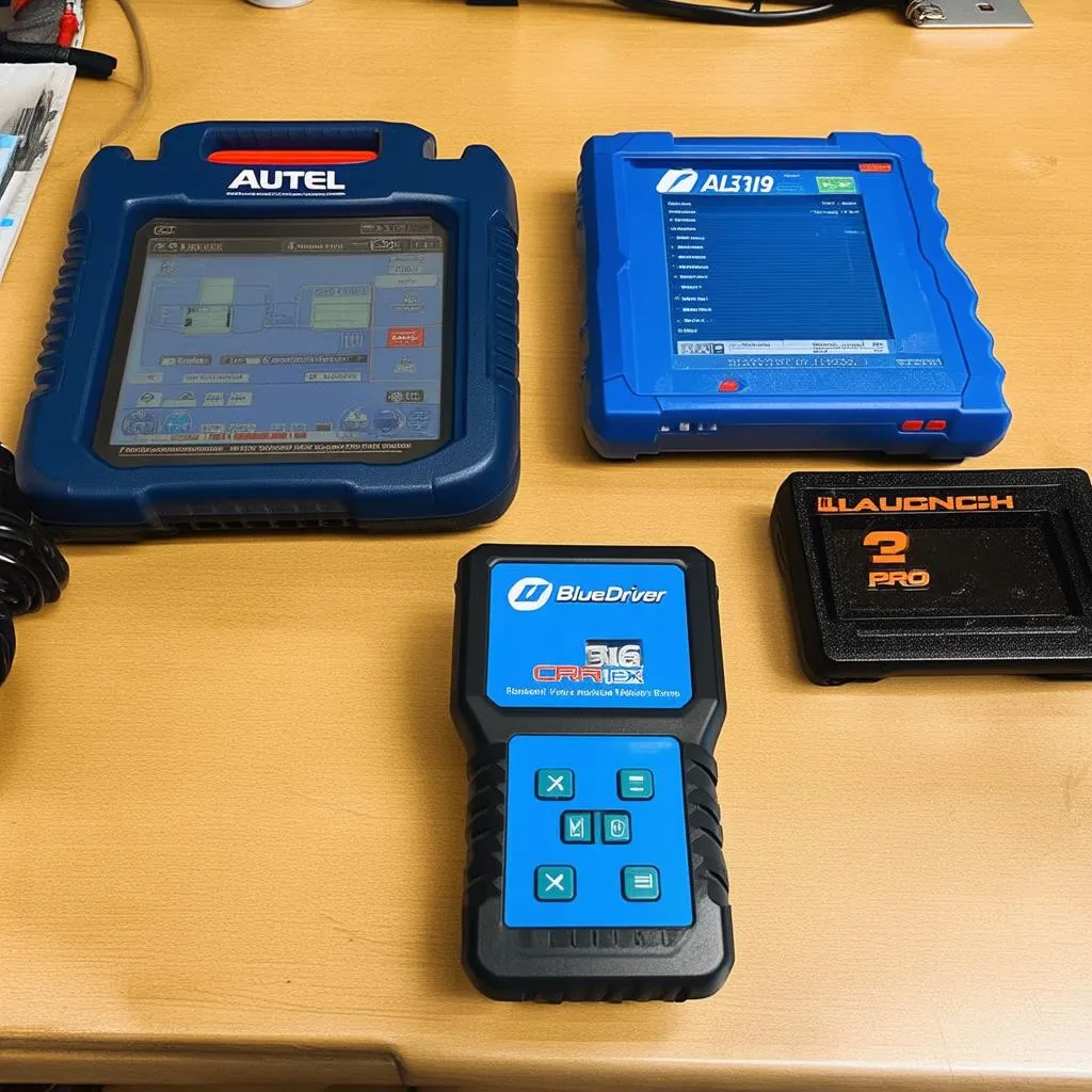 Different car diagnostic tools on a workbench