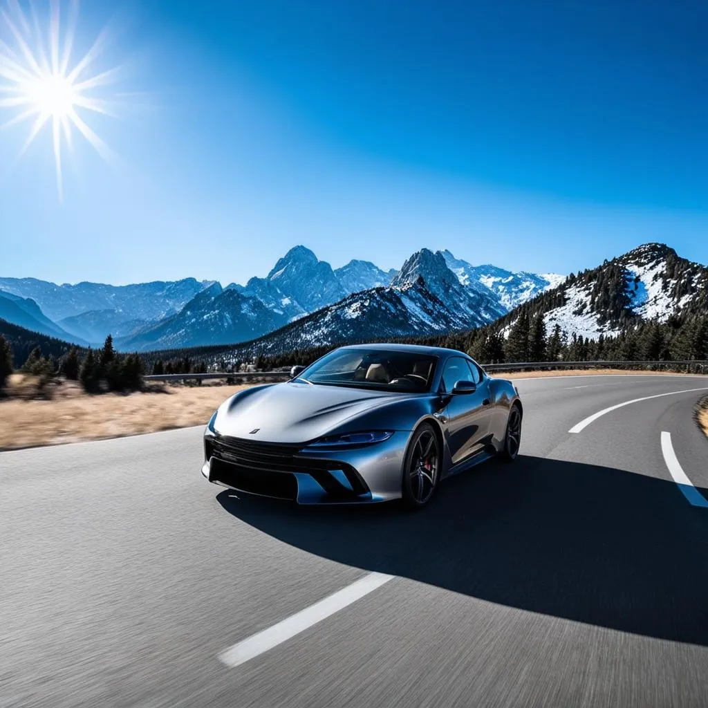 Car on Open Road with Majestic Mountain View