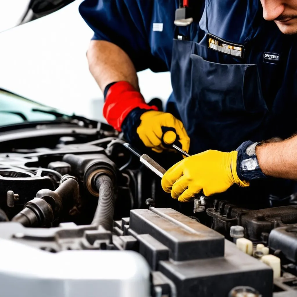 Mechanic working on a car engine