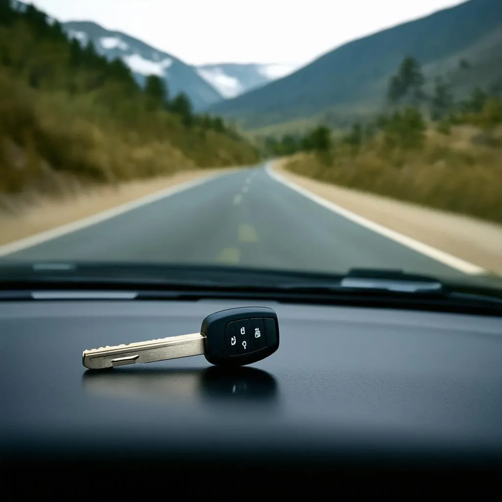 Car key on road trip